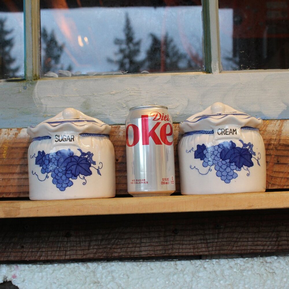 2 Vintage Ceramic Sugar & Cream Blue Grape Design Farmhouse Canisters Wall Decor